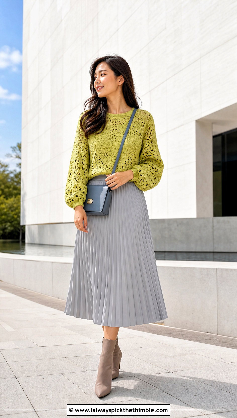 Balloon Sleeve Lace Crochet Sweater With Pleated Midi Skirt - 15 Bohemian Style Crochet Sweater outfit ideas