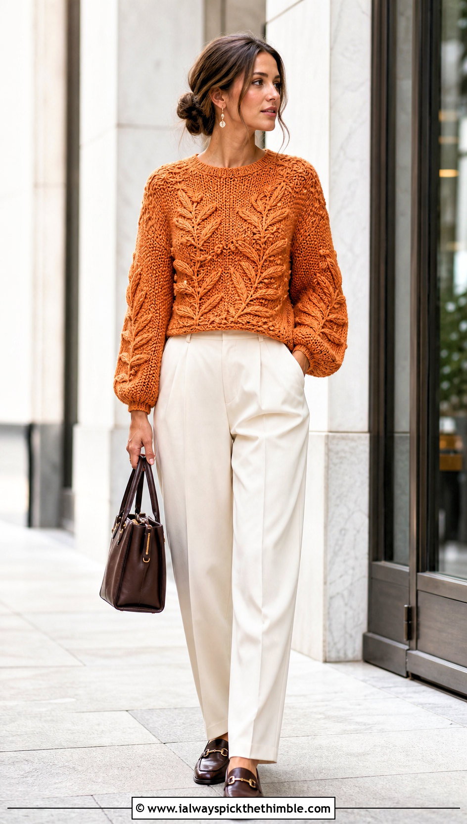 Balloon Sleeve Leaf Sweater With Pleated Trousers - 20 crochet leaf sweater outfit ideas