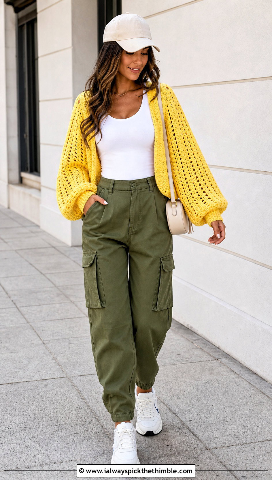 Balloon Sleeve Loose Crochet Sweater With Cargo Pants - 20 loose crochet sweater outfit ideas