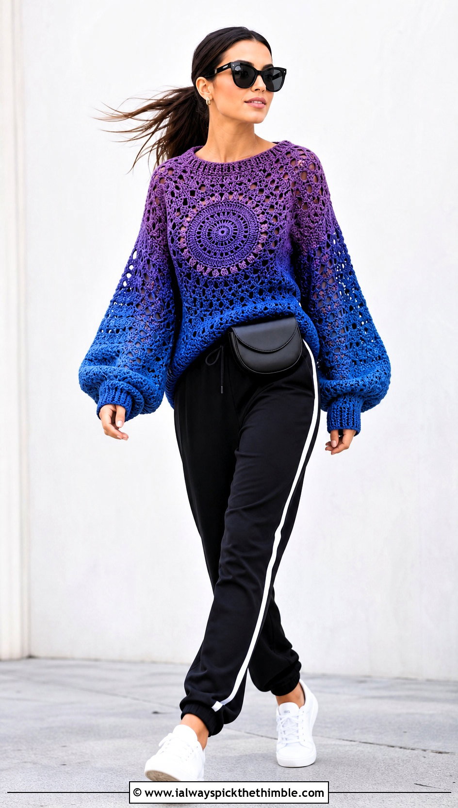 Balloon Sleeve Mandala Ombre Crochet Sweater With Track Pants - 15 mandala ombre crochet sweater outfit ideas