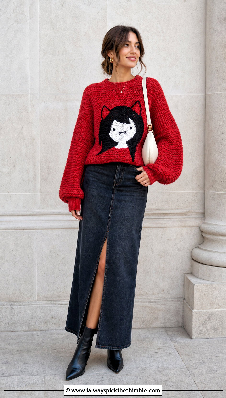 Balloon Sleeve Marceline Cat Sweater With Denim Maxi Skirt - 20 crochet marceline sweater outfit ideas