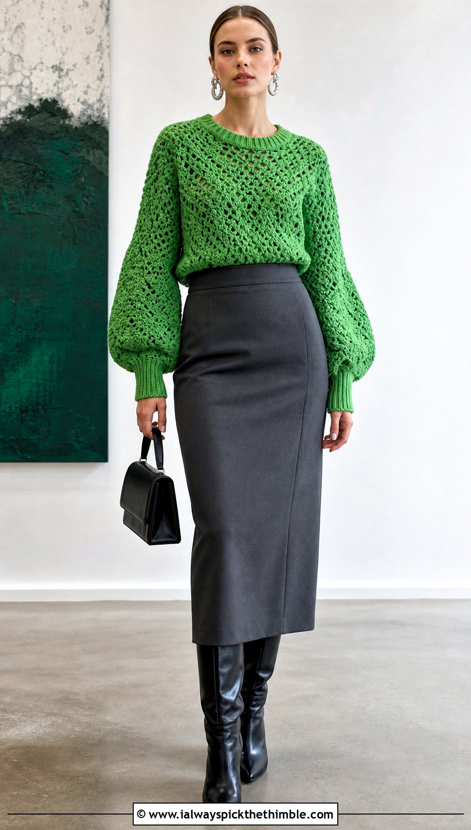 Balloon Sleeve Mcdreamy Crochet Sweater With Column Midi Skirt - 15 Mcdreamy Crochet Sweater outfit ideas