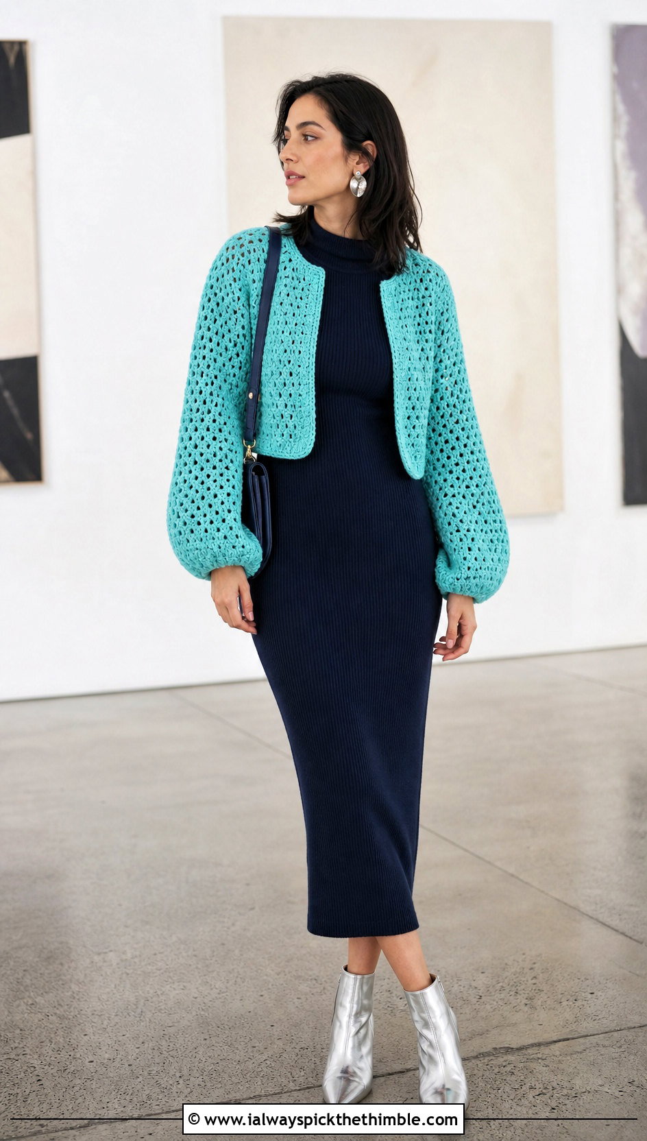 Balloon Sleeve Mini Crochet Cardigan With Column Dress - 25 mini crochet cardigan outfit ideas