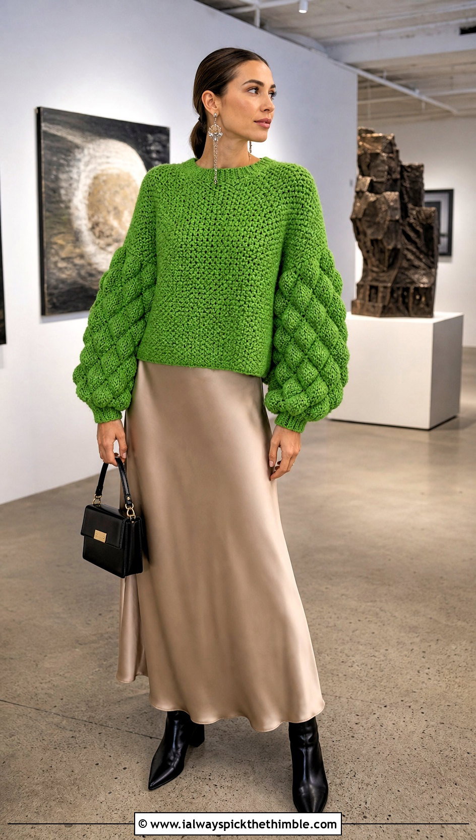 Balloon Sleeve Moss Stitch Crochet Sweater With Slip Skirt - 20 Moss Stitch Crochet Sweater outfit ideas