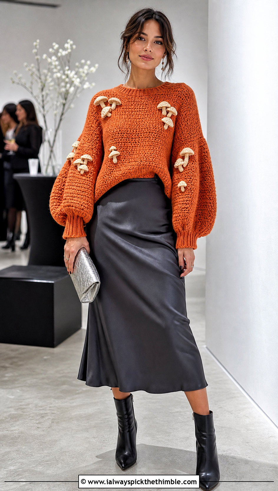Balloon Sleeve Mushroom Crochet Sweater With Satin Midi Skirt - 20 mushroom crochet sweater outfit ideas