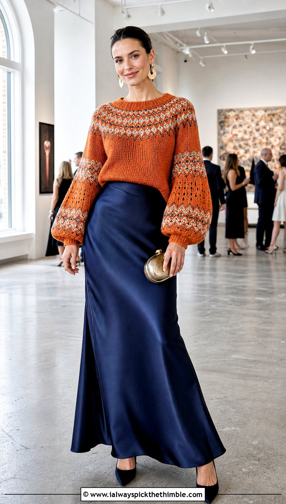 Balloon Sleeve Norwegian Crochet Sweater With Satin Maxi Skirt - 20 Norwegian Crochet Sweater outfit ideas