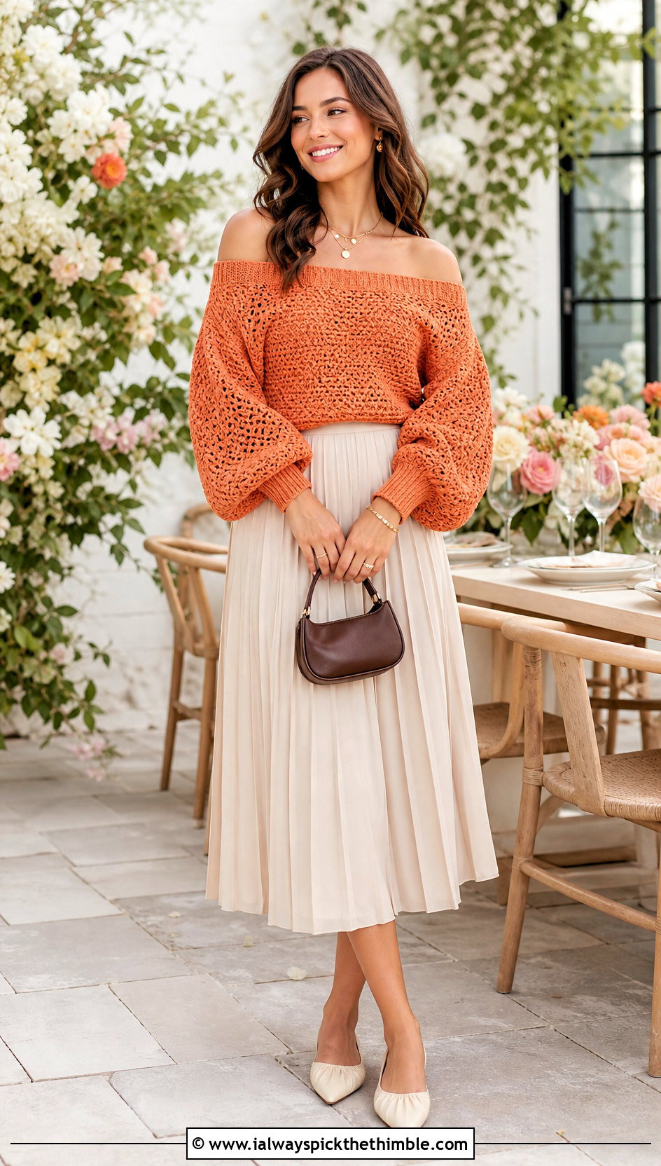 Balloon Sleeve Off The Shoulder Crochet Sweater With Pleated Skirt - 20 off the shoulder crochet sweater outfit ideas