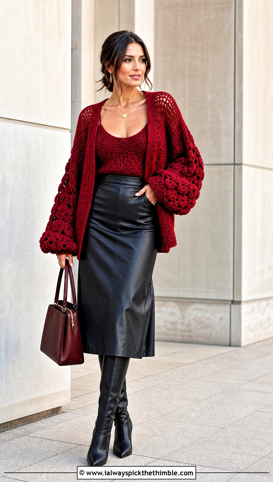 Balloon Sleeve Oversize Crochet Sweater With Leather Midi Skirt - 15 Oversize Crochet Sweater outfit ideas