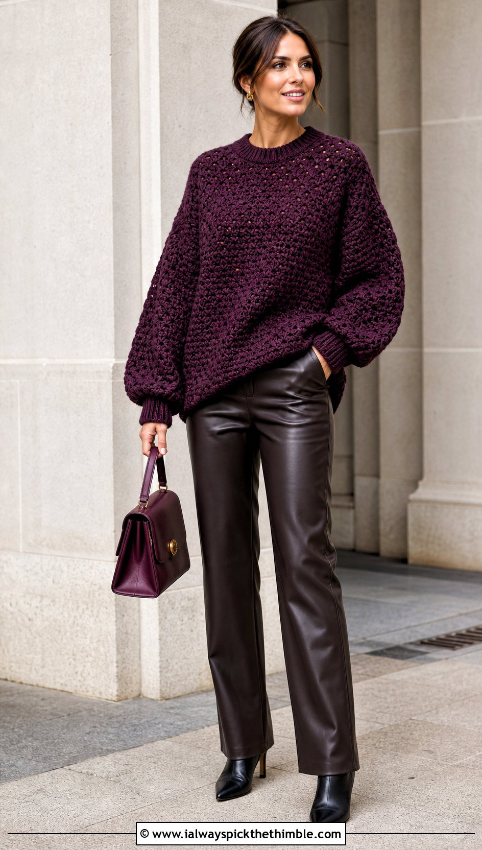 Balloon Sleeve Oversized Crochet Sweater With Leather Pants - 25 crochet oversized sweater outfit ideas