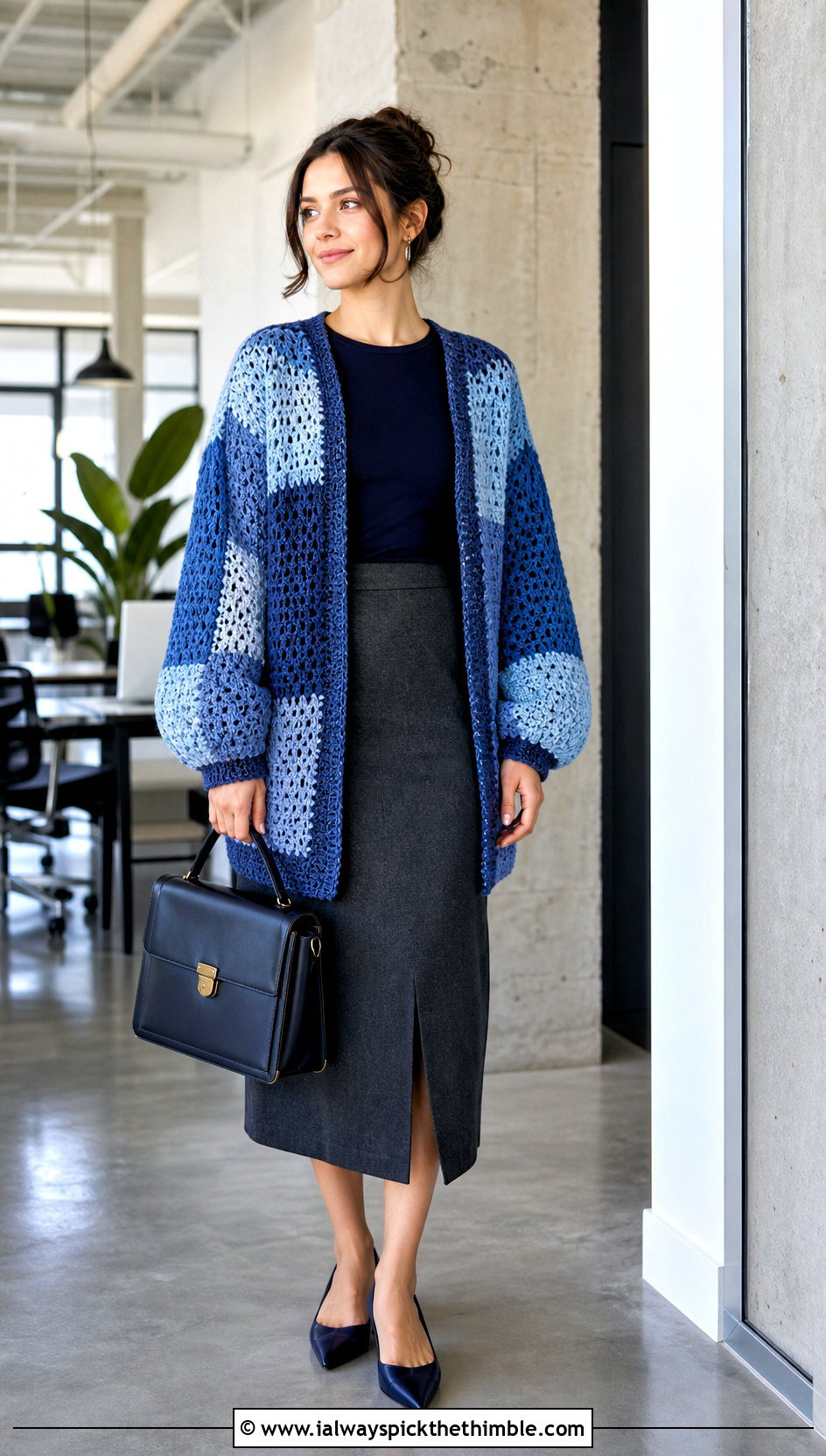 Balloon Sleeve Oversized Patchwork Crochet Cardigan With Pencil Skirt - 15 oversized patchwork crochet cardigan outfit ideas