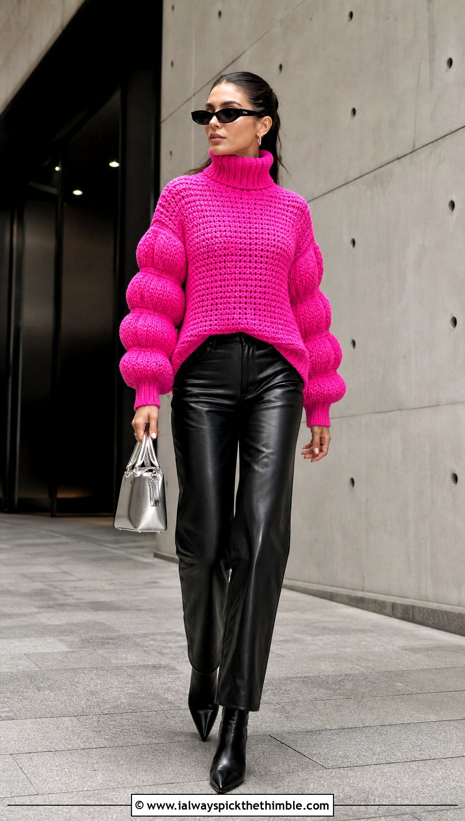 Balloon Sleeve Oversized Turtleneck Crochet Sweater With Leather Pants - 15 oversized turtleneck crochet sweater outfit ideas