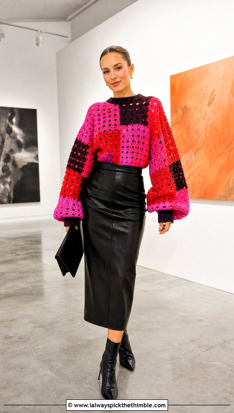 Balloon Sleeve Patchwork Crochet Sweater With Leather Midi Skirt - 25 patchwork crochet sweater outfit ideas