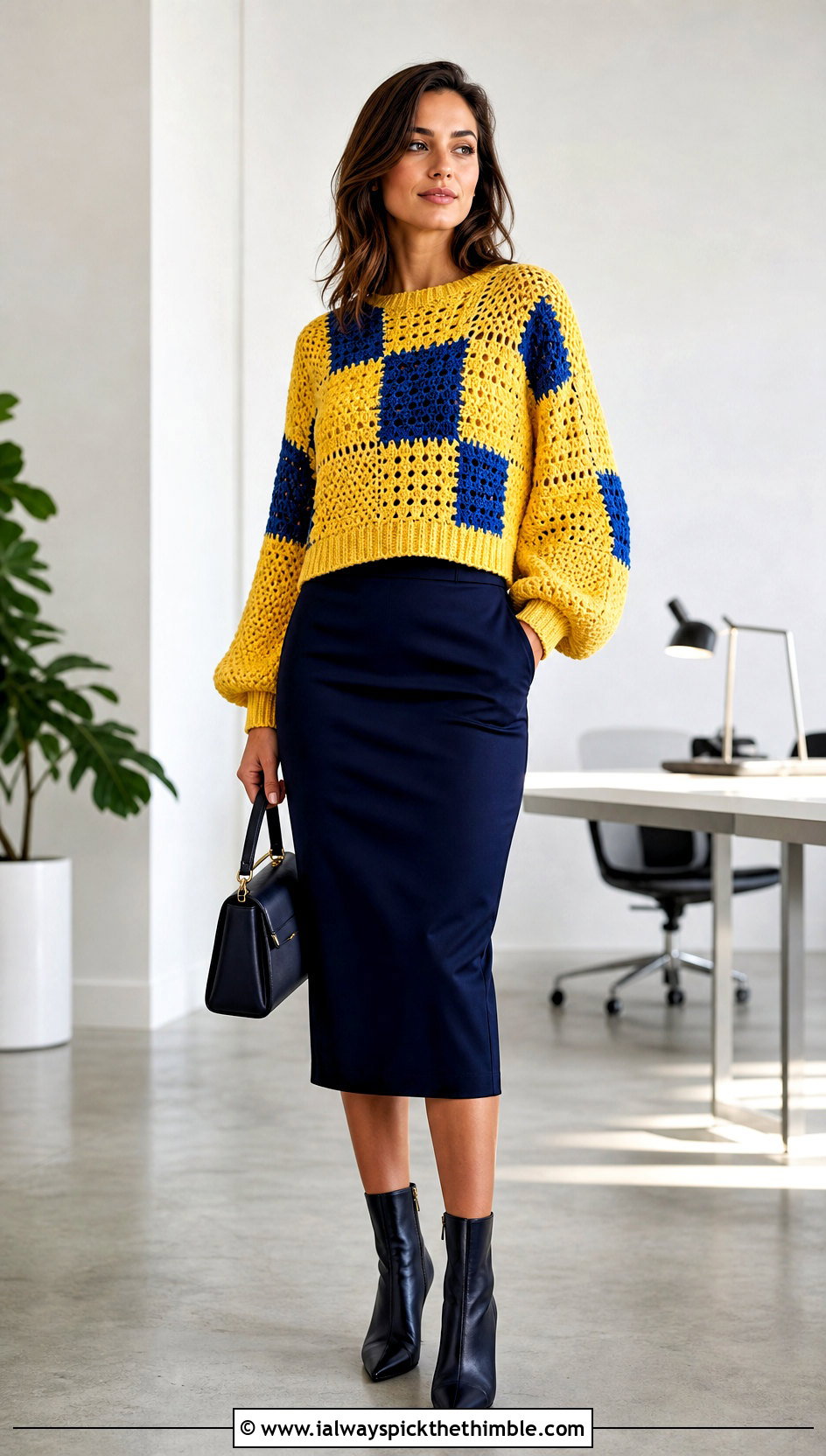 Balloon Sleeve Patchwork Crochet Sweater With Pencil Skirt - 20 crochet block sweater outfit ideas