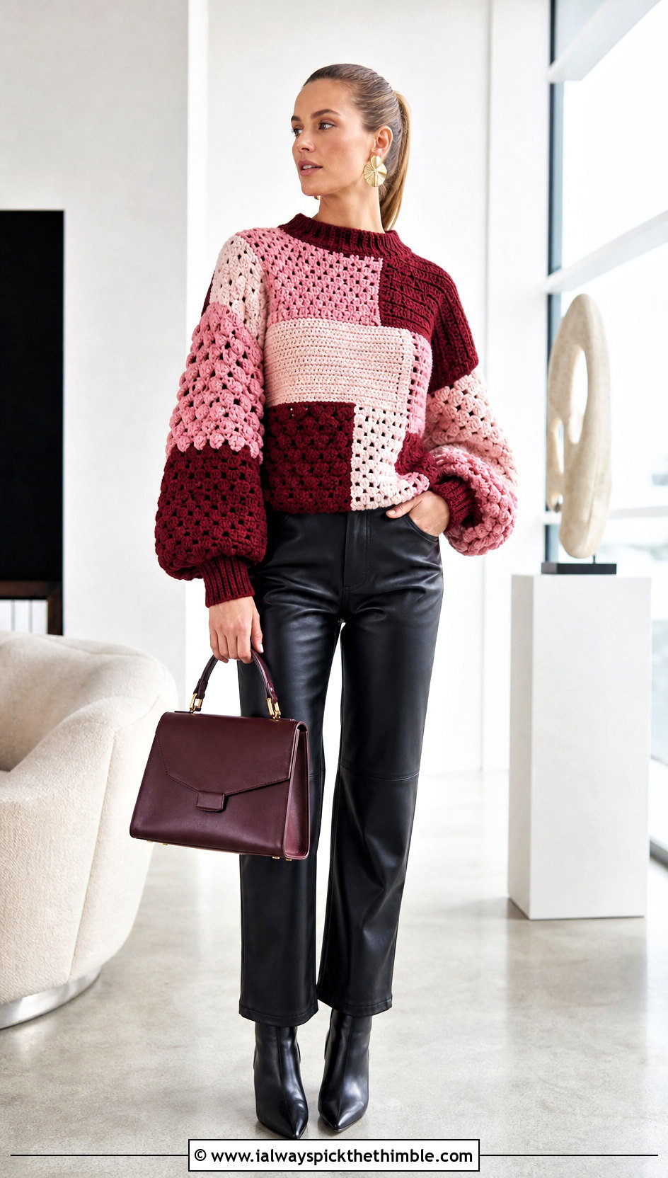Balloon Sleeve Patchwork Sweater With Leather Pants - 20 crochet patchwork sweater outfit ideas