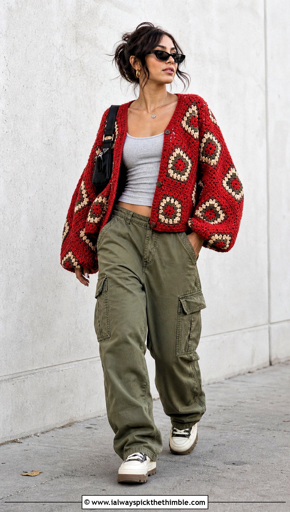Balloon Sleeve Pentagon Granny Square Cardigan With Cargo Pants - 20 Pentagon Granny Square Cardigan outfit ideas