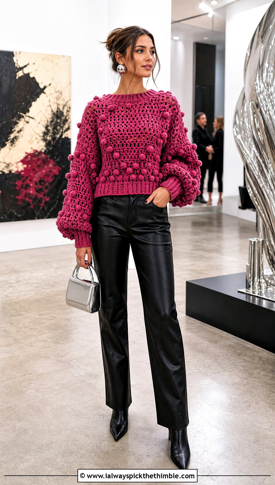 Balloon Sleeve Pink Crochet Pom Pom Sweater With Leather Pants - 15 pink crochet sweater with pom poms outfit ideas