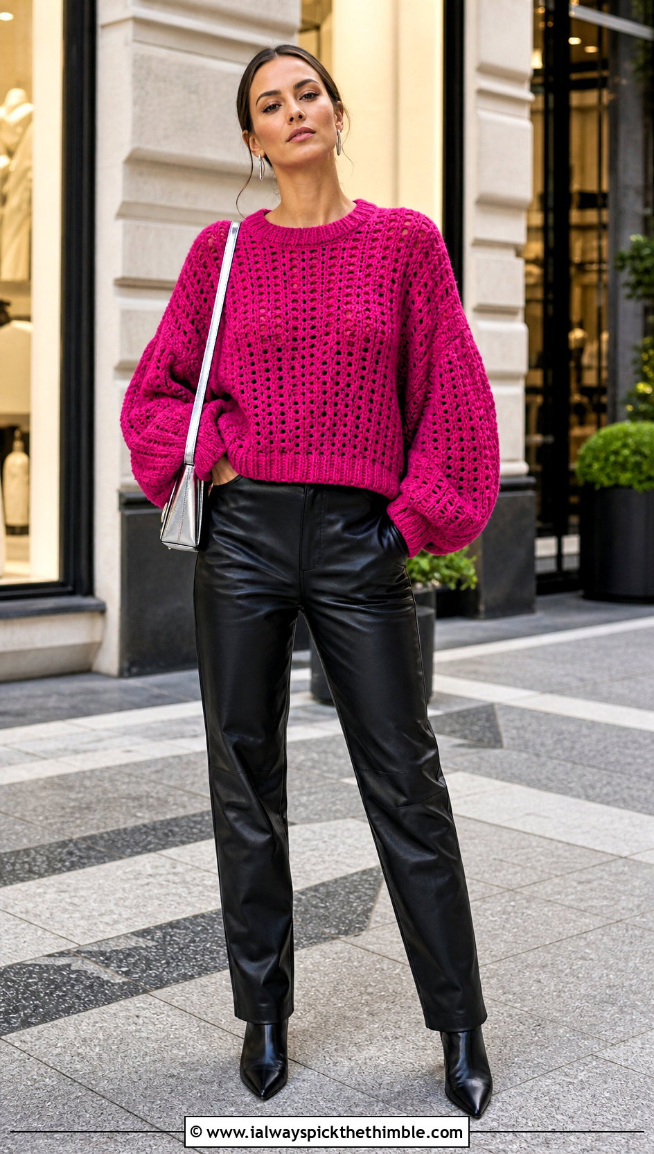 Balloon Sleeve Pink Crochet Sweater With Leather Pants - 25 pink crochet sweater outfit ideas