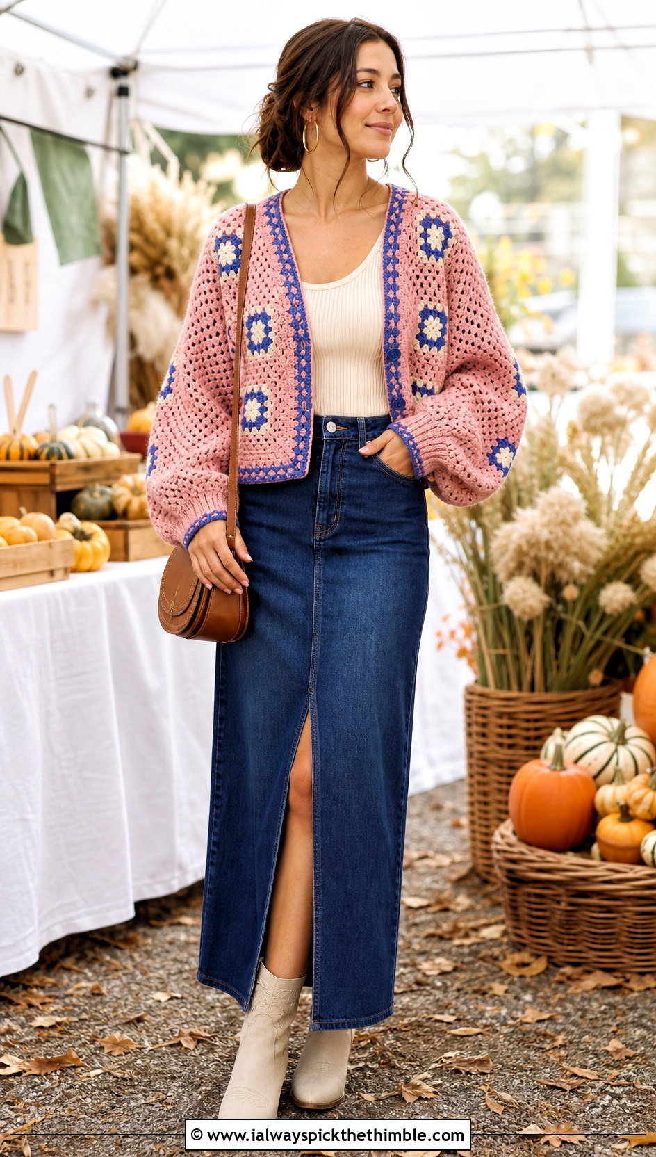 Balloon Sleeve Pink Granny Square Cardigan With Denim Maxi Skirt - 25 pink granny square cardigan outfit ideas