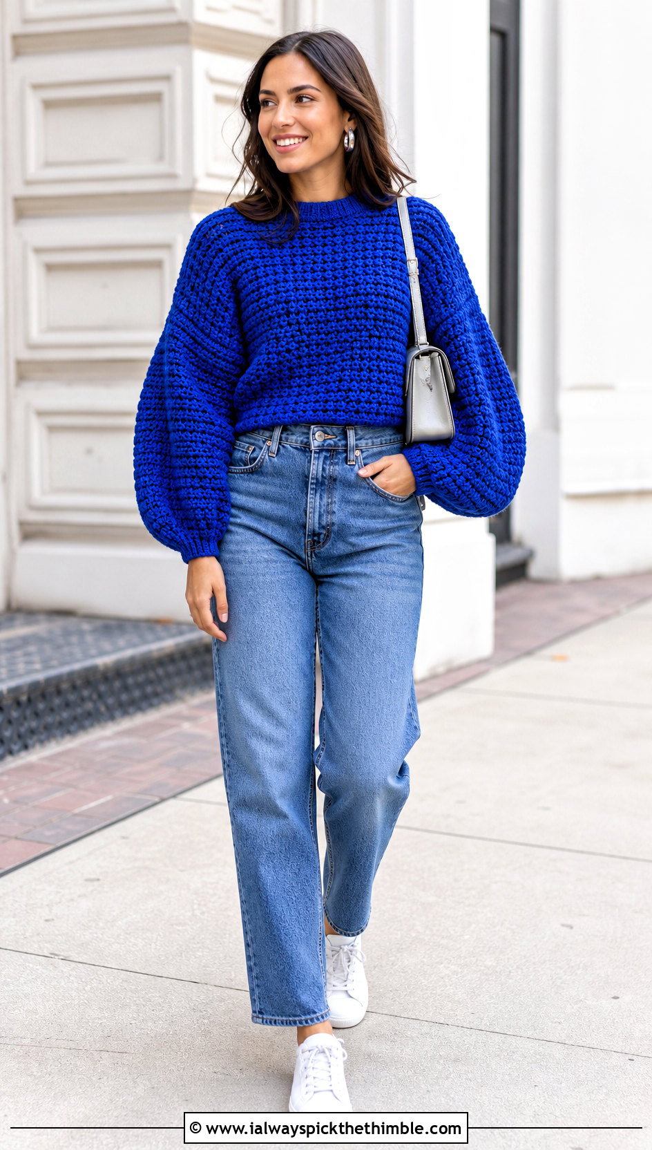 Balloon Sleeve Puffy Crochet Sweater With Straight Leg Jeans - 15 Puffy Crochet Sweater outfit ideas