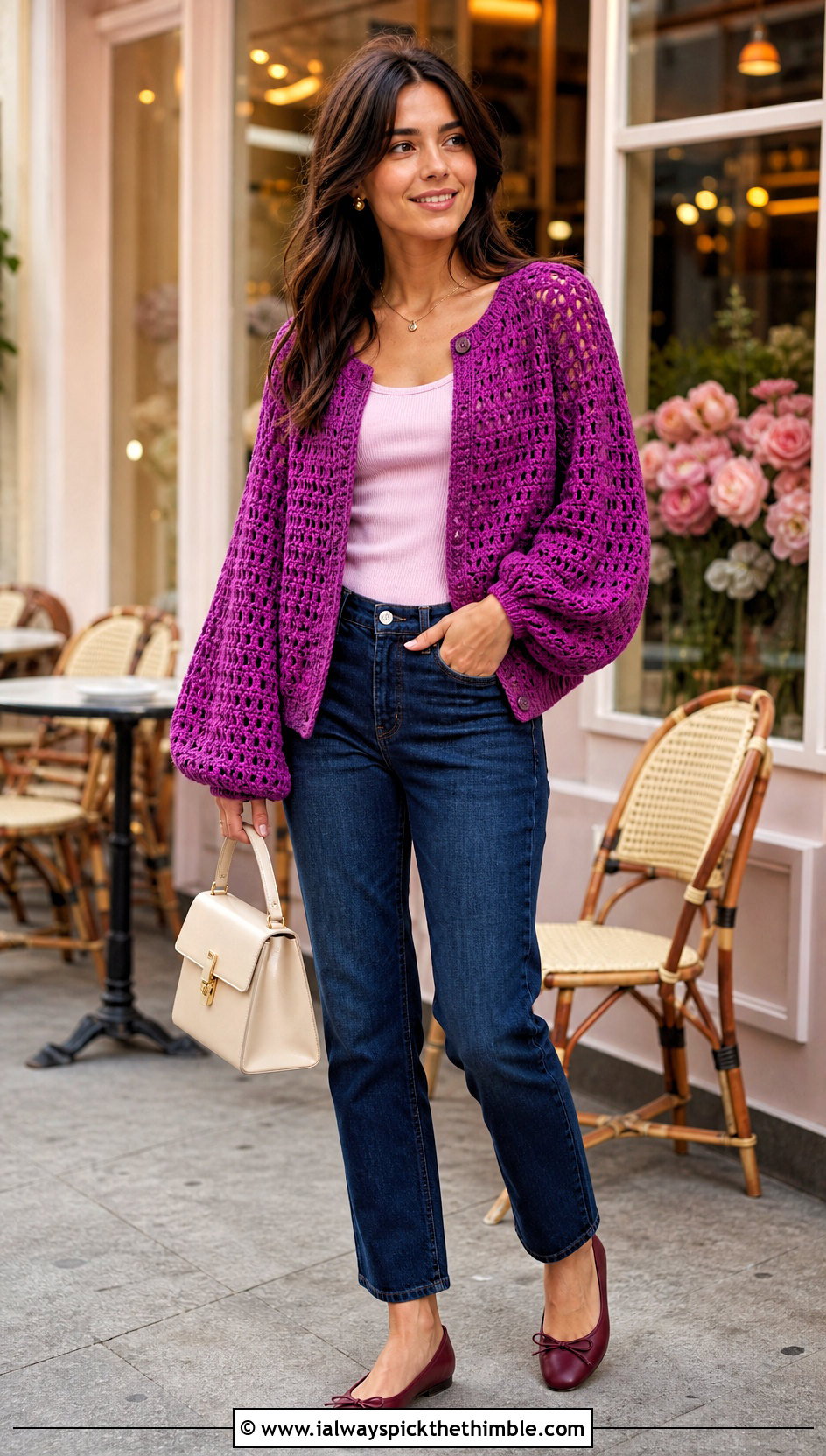 Balloon Sleeve Purple Crochet Cardigan With Straight Leg Jeans - 25 purple crochet cardigan outfit ideas