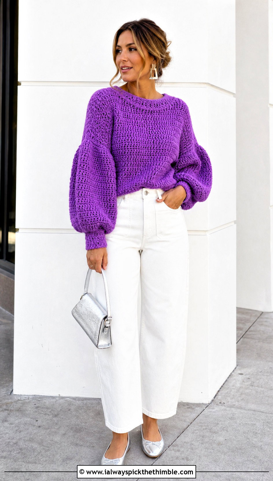 Balloon Sleeve Purple Crochet Sweater With White Barrel Jeans - 15 Purple Crochet Sweater outfit ideas