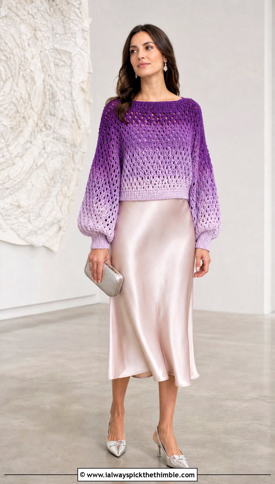 Balloon Sleeve Purple Ombre Crochet Sweater With Satin Midi Skirt - 15 purple ombre crochet sweater outfit ideas