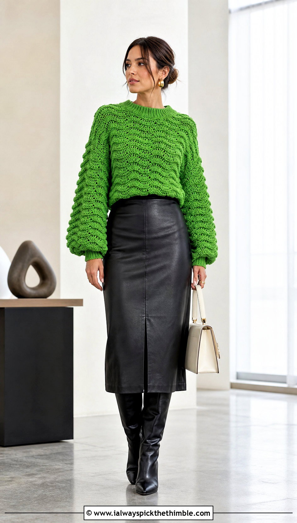 Balloon Sleeve Ripple Crochet Sweater With Leather Midi Skirt - 20 Ripple Crochet Sweater outfit ideas
