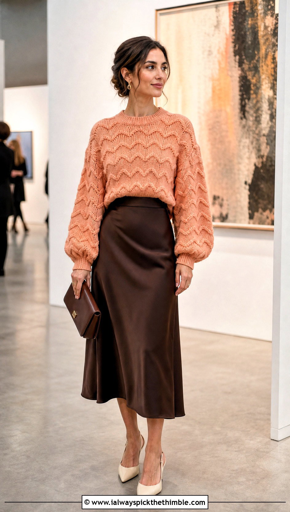 Balloon Sleeve Ripple Sweater With Satin Midi Skirt - 20 Crochet Ripple Stitch Sweater outfit ideas