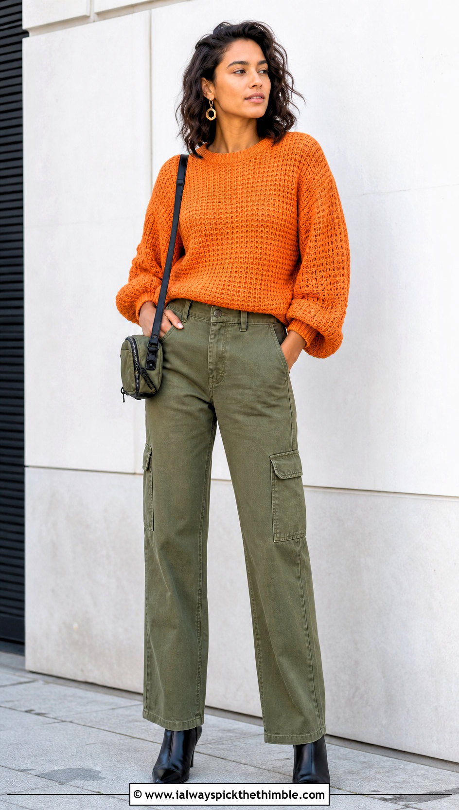 Balloon Sleeve Seamless Crochet Sweater With Cargo Pants - 20 Seamless Crochet Sweater outfit ideas