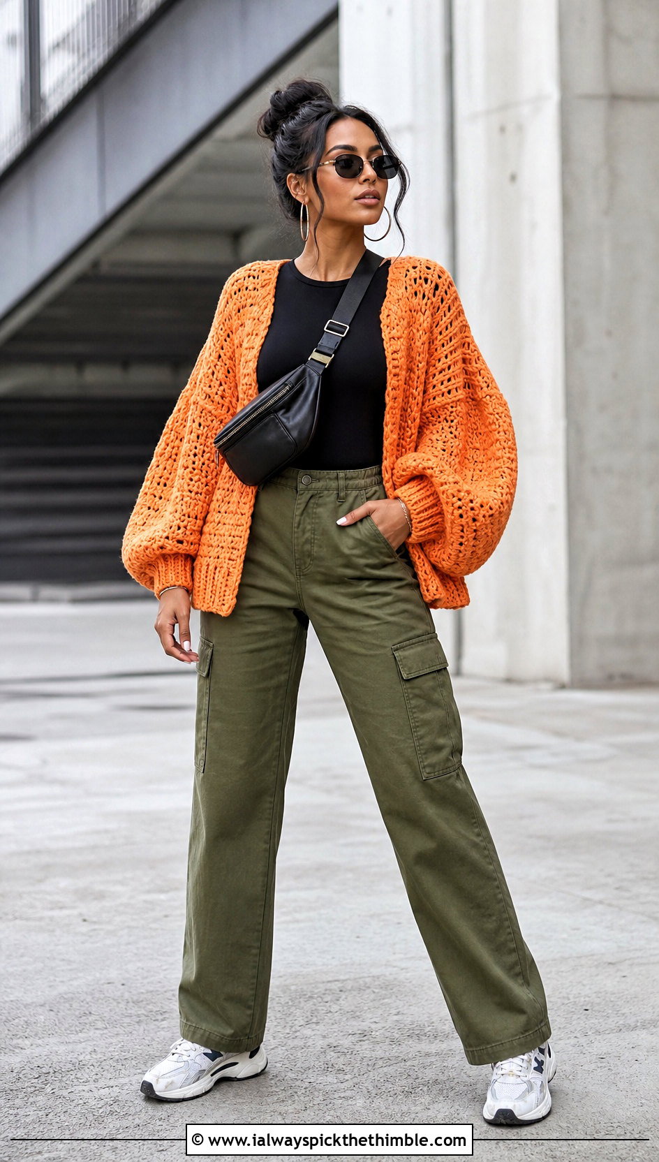 Balloon Sleeve Side To Side Crochet Cardigan With Cargo Pants - 20 Side To Side Crochet Cardigan outfit ideas