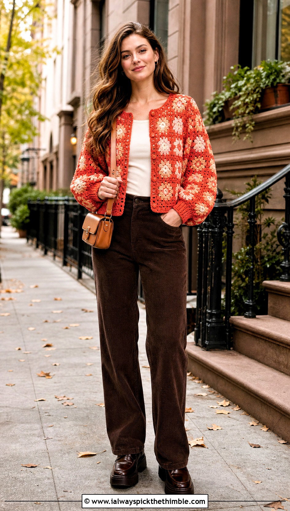 Balloon Sleeve Small Granny Square Cardigan With Corduroy Pants - 20 Small Granny Square Cardigan outfit ideas