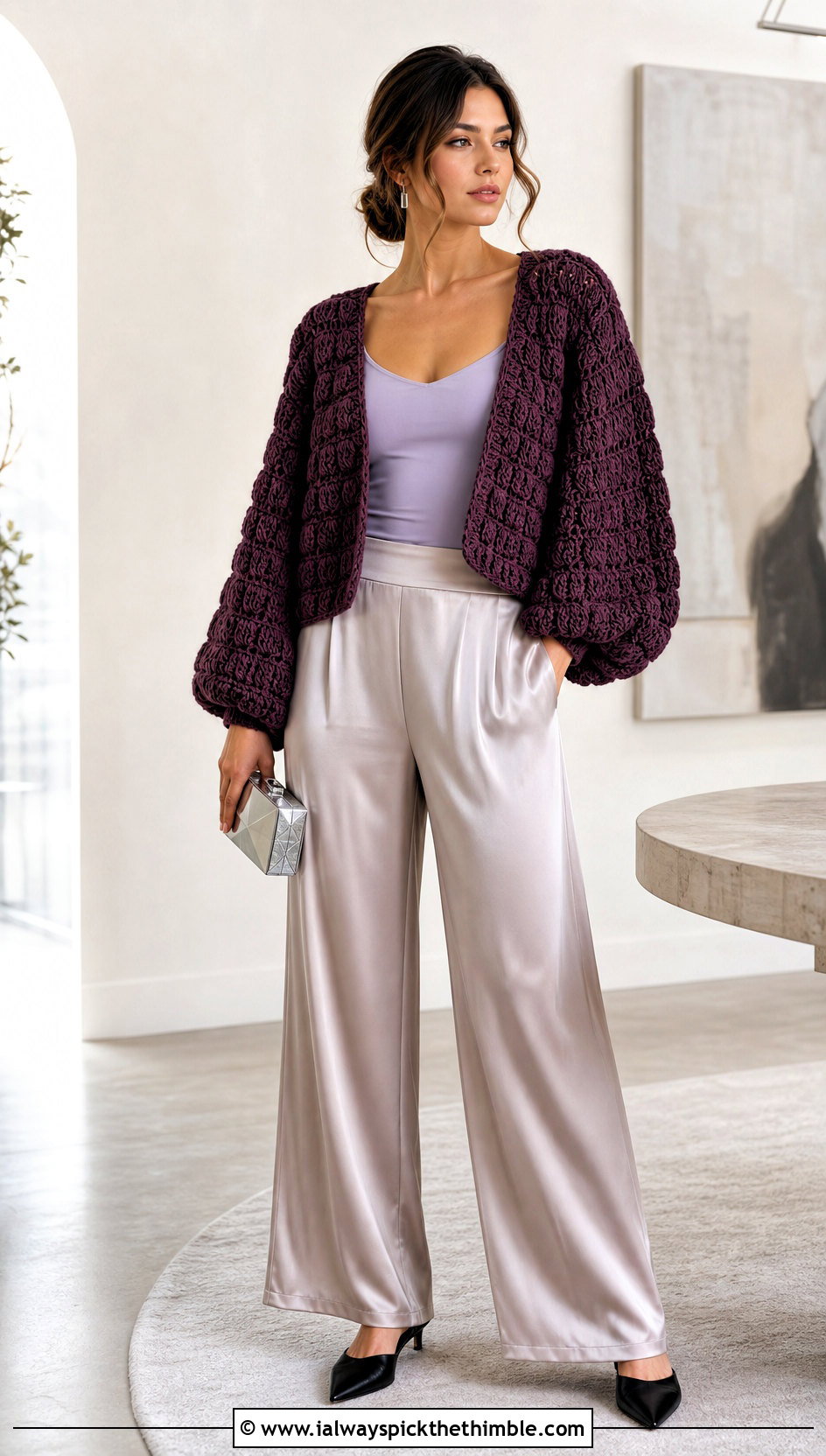 Balloon Sleeve Sofa Crochet Sweater With Satin Pants - 15 sofa crochet sweater outfit ideas