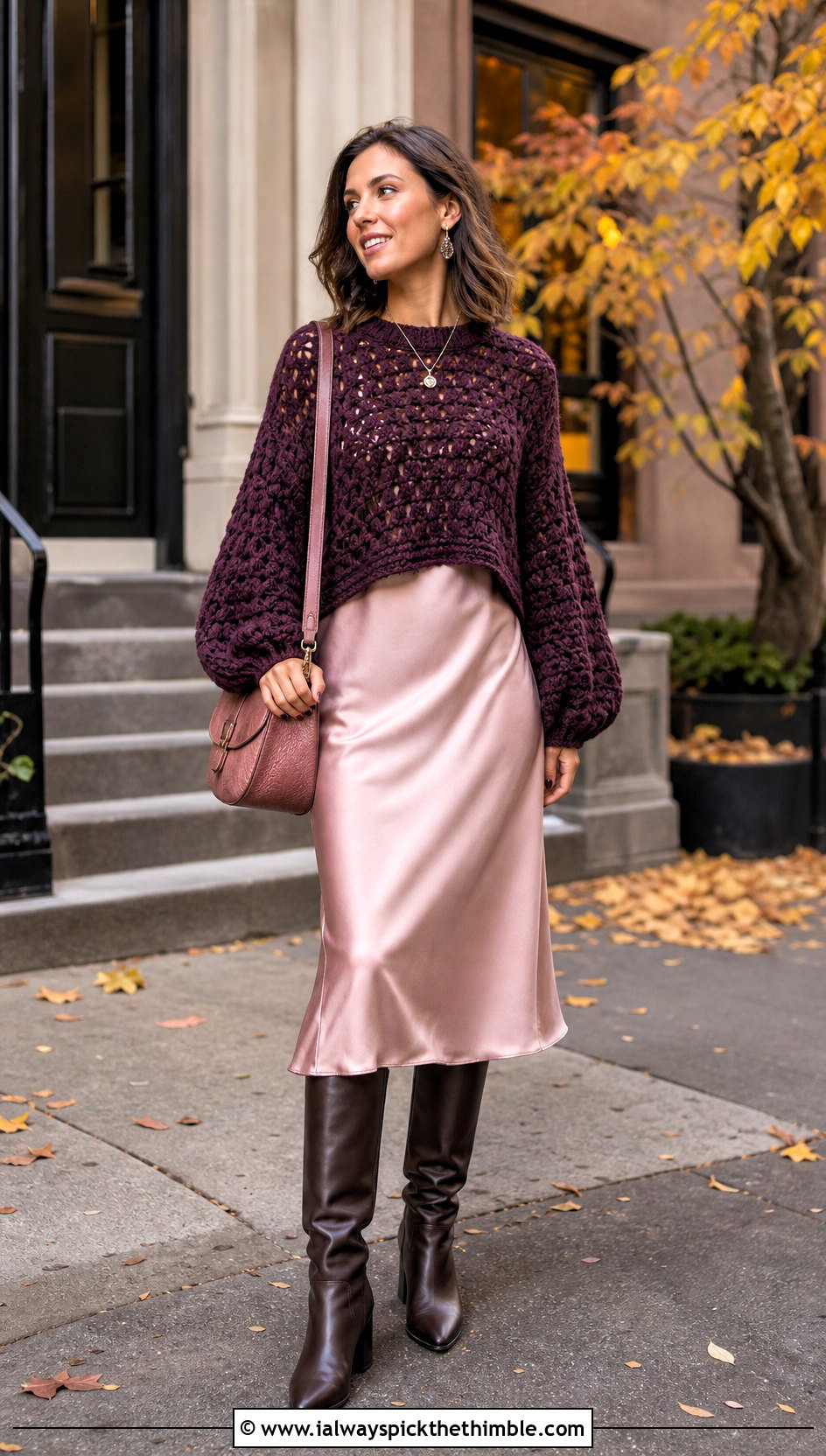Balloon Sleeve Soft Crochet Sweater With Slip Dress - 15 Soft Crochet Sweater outfit ideas