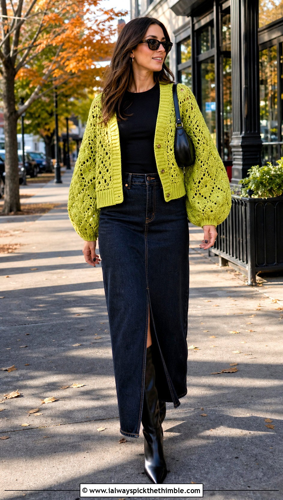 Balloon Sleeve Square Cardigan With Denim Maxi Skirt - 20 crochet square cardigan outfit ideas