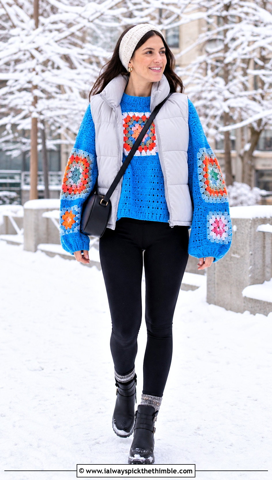 Balloon Sleeve Square Crochet Sweater With Leggings And Puffer Vest - 20 Square Crochet Sweater outfit ideas