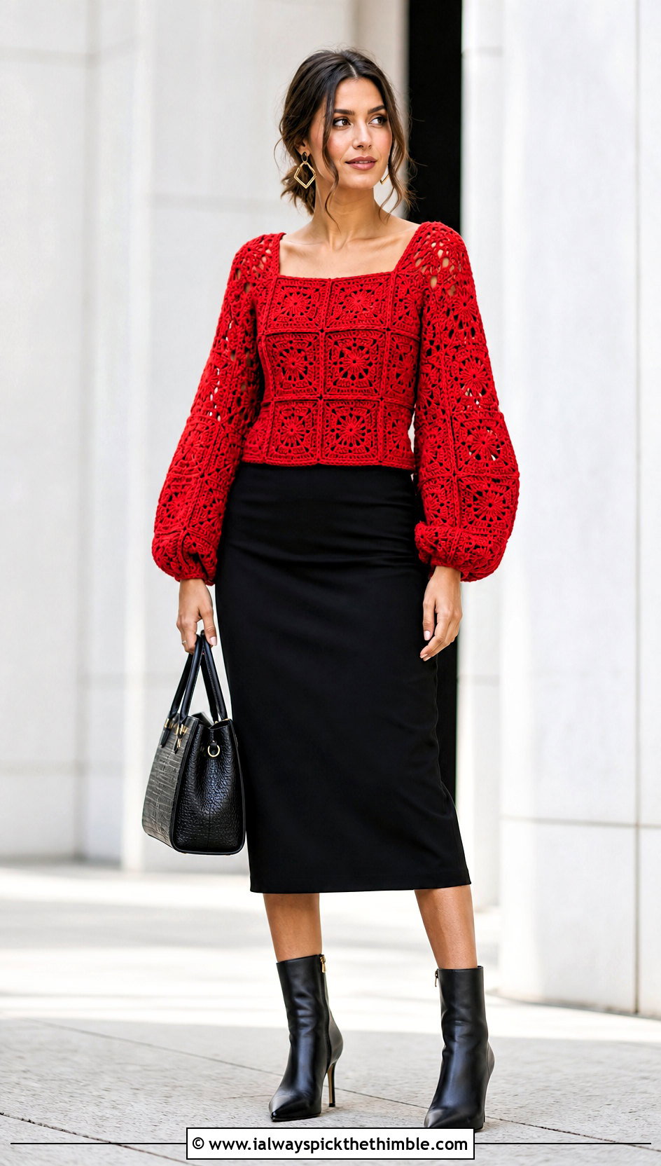 Balloon Sleeve Square Jumper With Pencil Skirt - 20 crochet square jumper outfit ideas