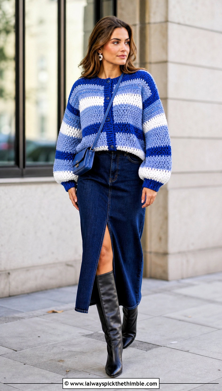 Balloon Sleeve Stripe Crochet Cardigan With Denim Midi Skirt - 20 striped crochet cardigan outfit ideas