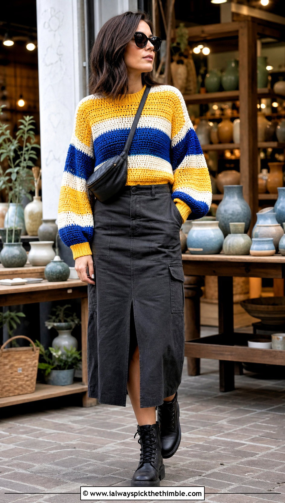 Balloon Sleeve Striped Crochet Sweater With Utility Midi Skirt - 20 striped crochet sweater outfit ideas