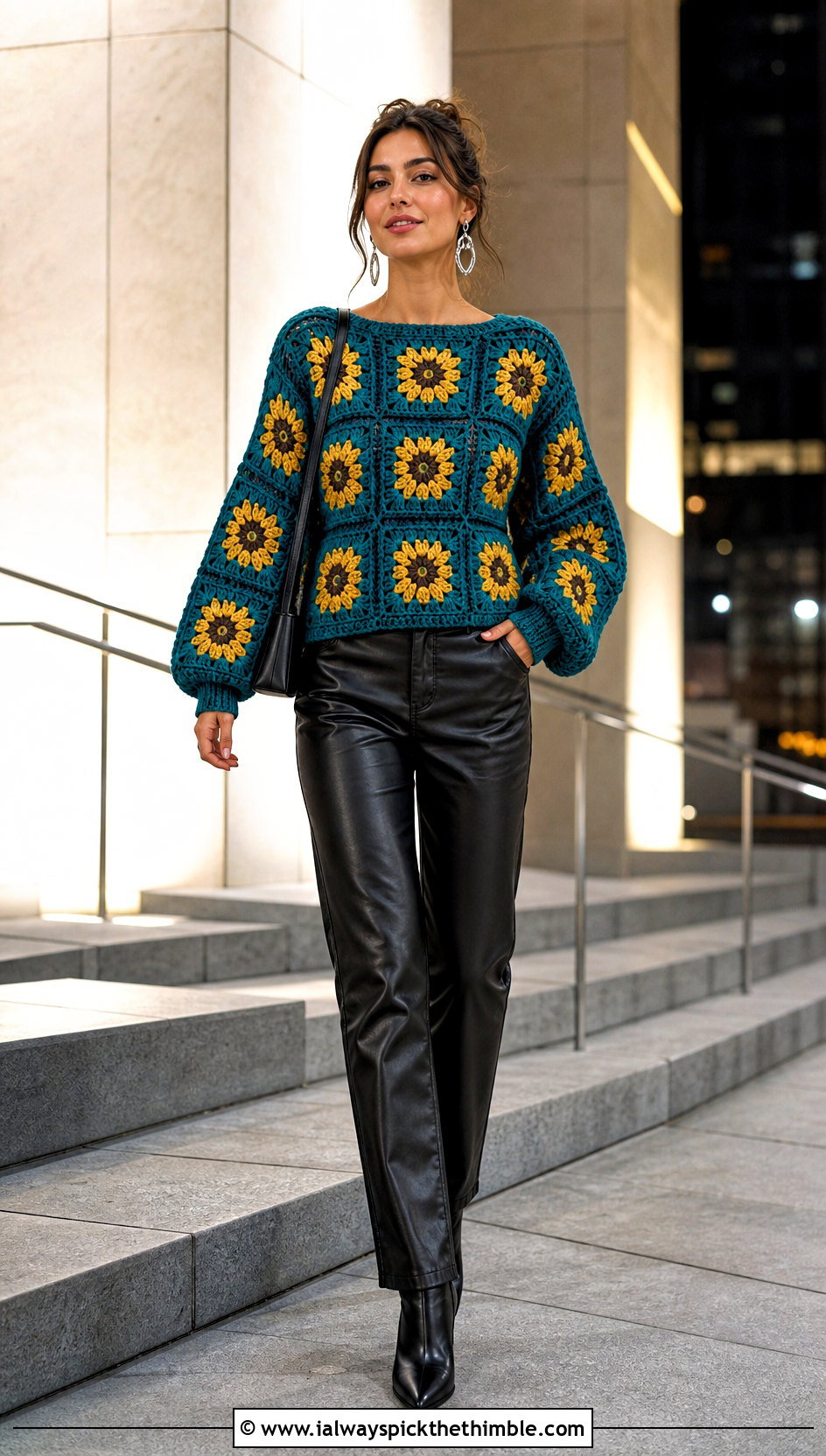 Balloon Sleeve Sunflower Granny Square Pullover Sweater With Leather Pants - 15 Sunflower Granny Square Pullover Sweater outfit ideas