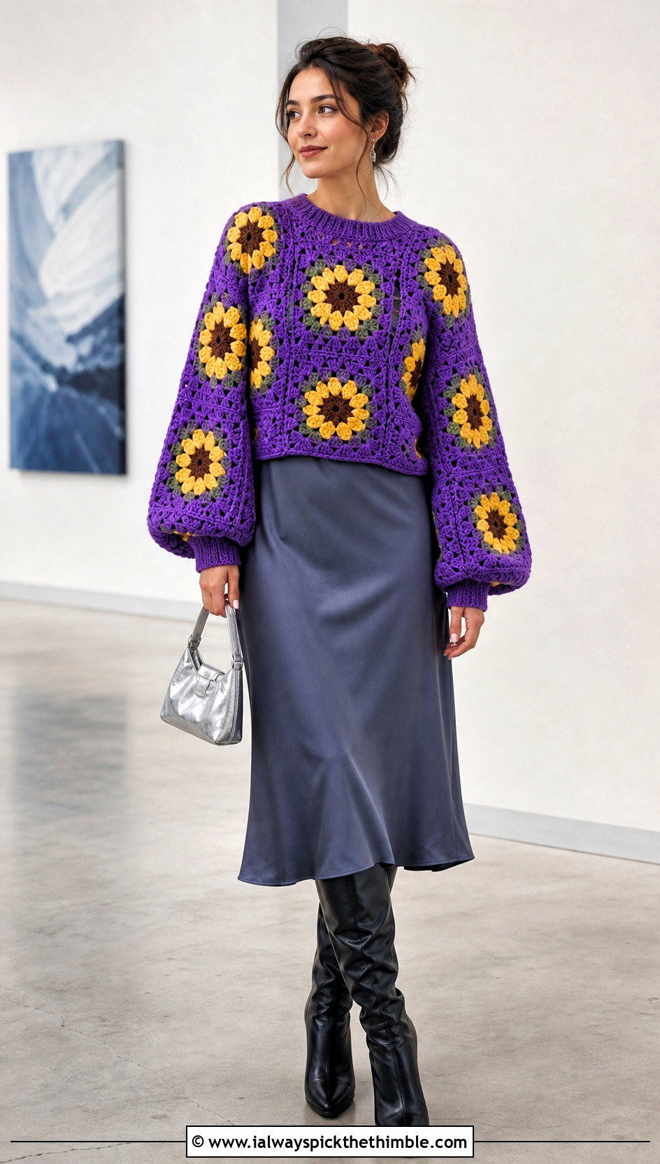Balloon Sleeve Sunflower Granny Square Sweater Over Slip Dress - 20 sunflower granny square sweater outfit ideas