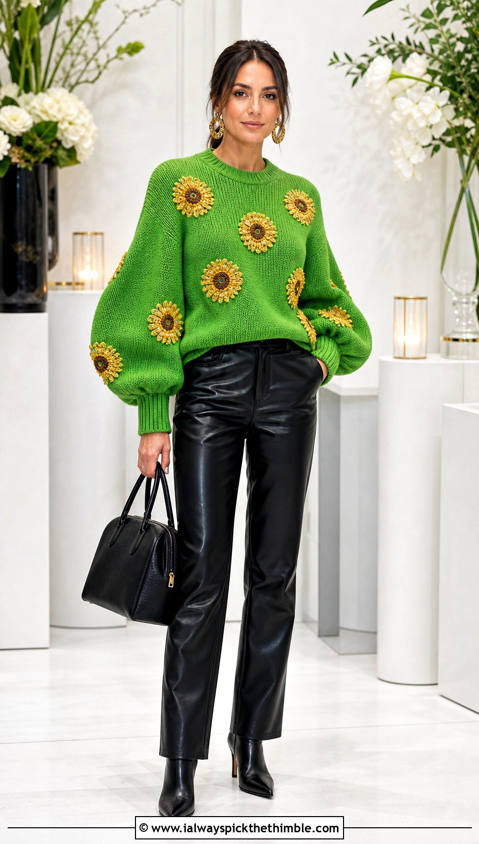 Balloon Sleeve Sunflower Sweater With Leather Pants - 25 crochet sunflower sweater outfit ideas