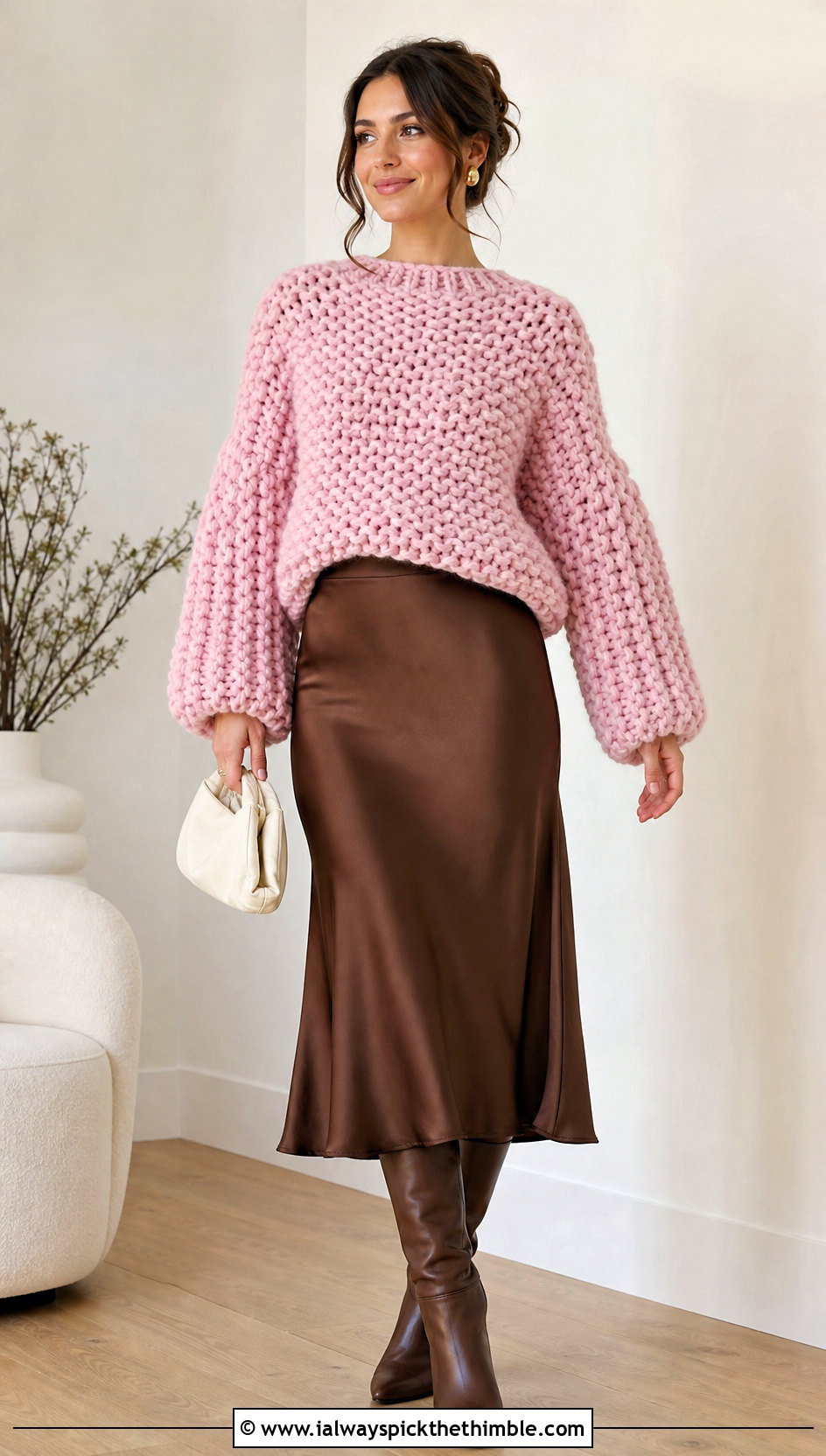 Balloon Sleeve Super Bulky Crochet Sweater With Satin Midi Skirt - 20 Super Bulky Crochet Sweater outfit ideas