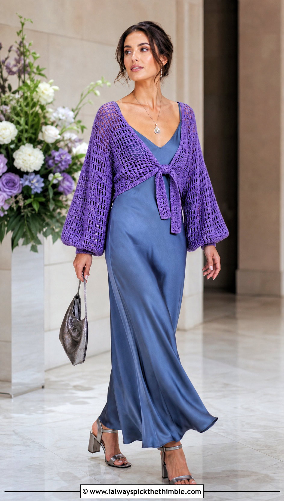 Balloon Sleeve Tie Front Crochet Sweater With Slip Dress - 25 diy crochet sweater outfit ideas