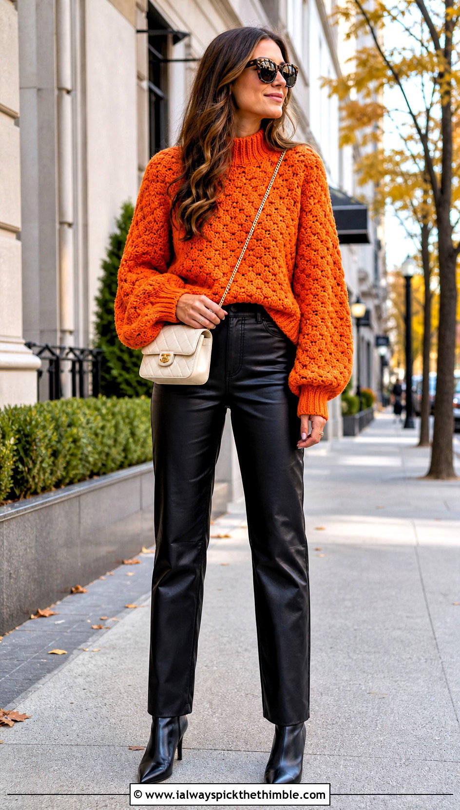 Balloon Sleeve Trinity Stitch Crochet Mock Neck Sweater With Leather Pants - 20 Crochet Mock Neck Sweater outfit ideas