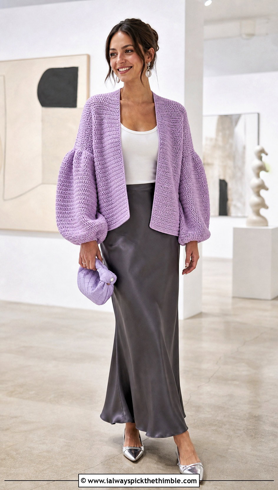 Balloon Sleeve Tunisian Cardigan With Bias Cut Skirt - 25 tunisian crochet cardigan outfit ideas