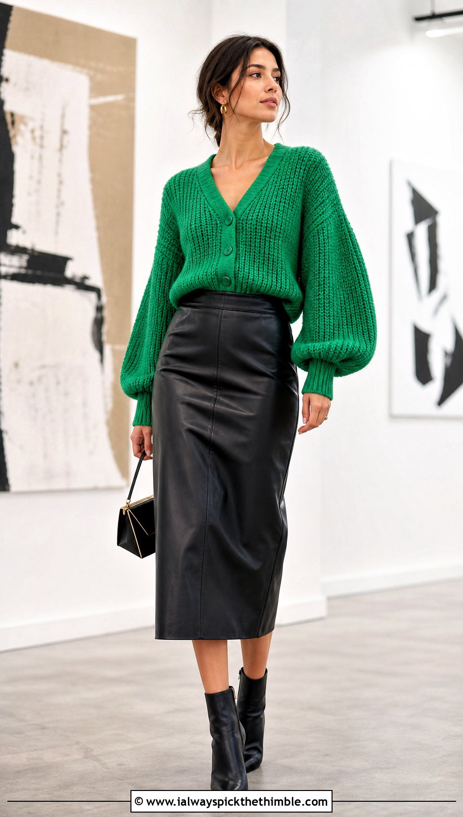 Balloon Sleeve Tunisian Cardigan With Leather Midi Skirt - 20 Crochet Tunisian Cardigan outfit ideas