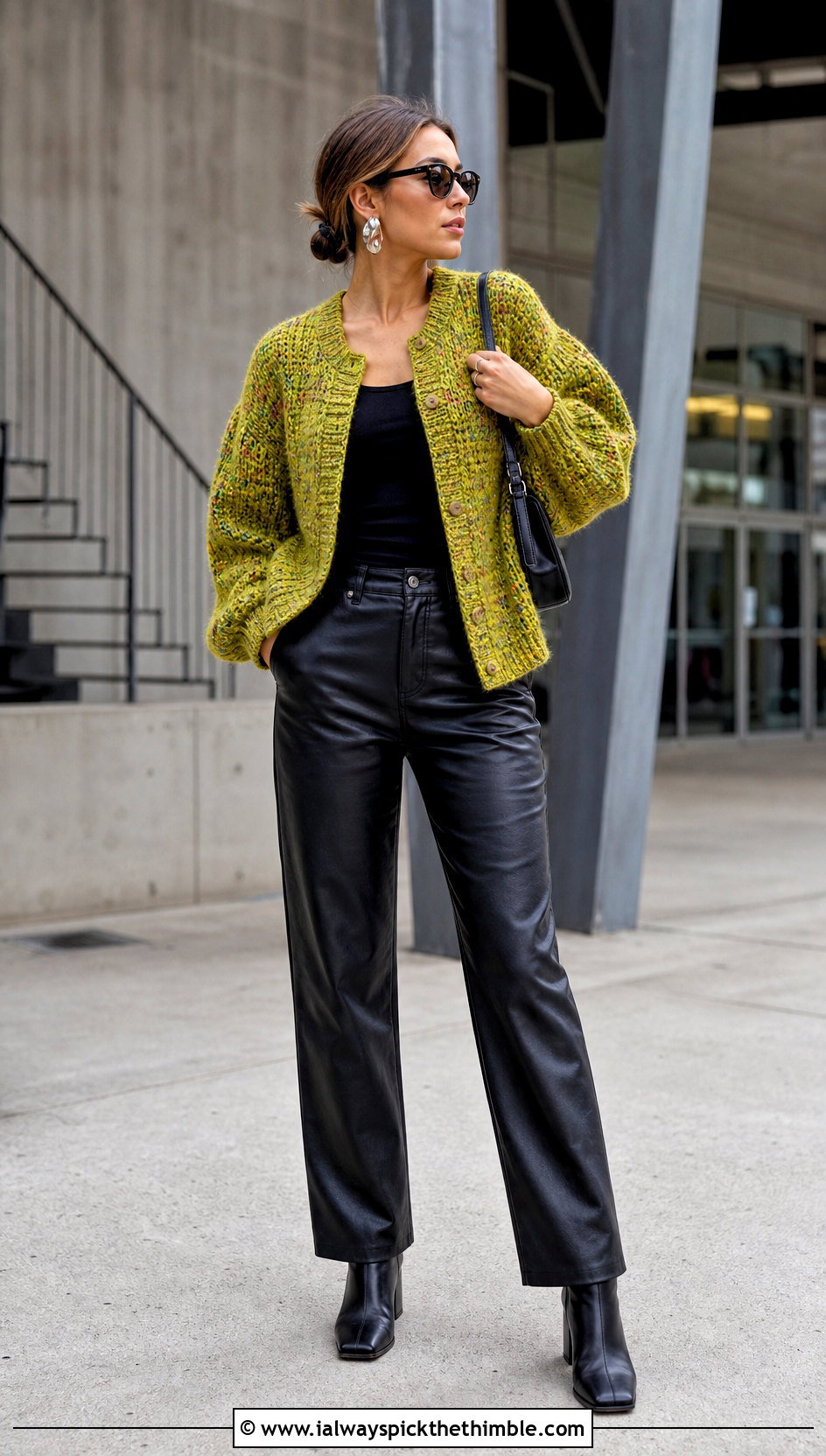 Balloon Sleeve Tweed Crochet Cardi With Leather Pants - 15 tweed crochet cardi outfit ideas