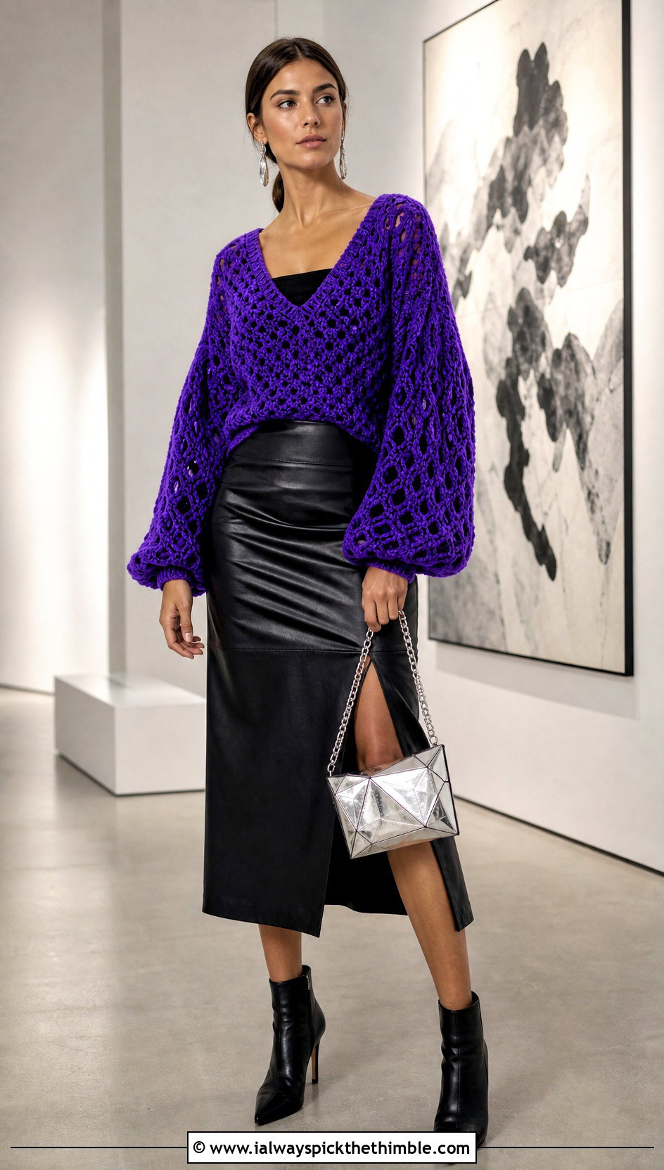 Balloon Sleeve V Stitch Crochet Sweater With Leather Skirt - 20 V Stitch Crochet Sweater outfit ideas