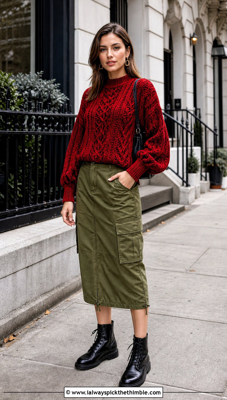 Balloon Sleeve Velvet Crochet Sweater With Cargo Skirt - 20 velvet crochet sweater outfit ideas