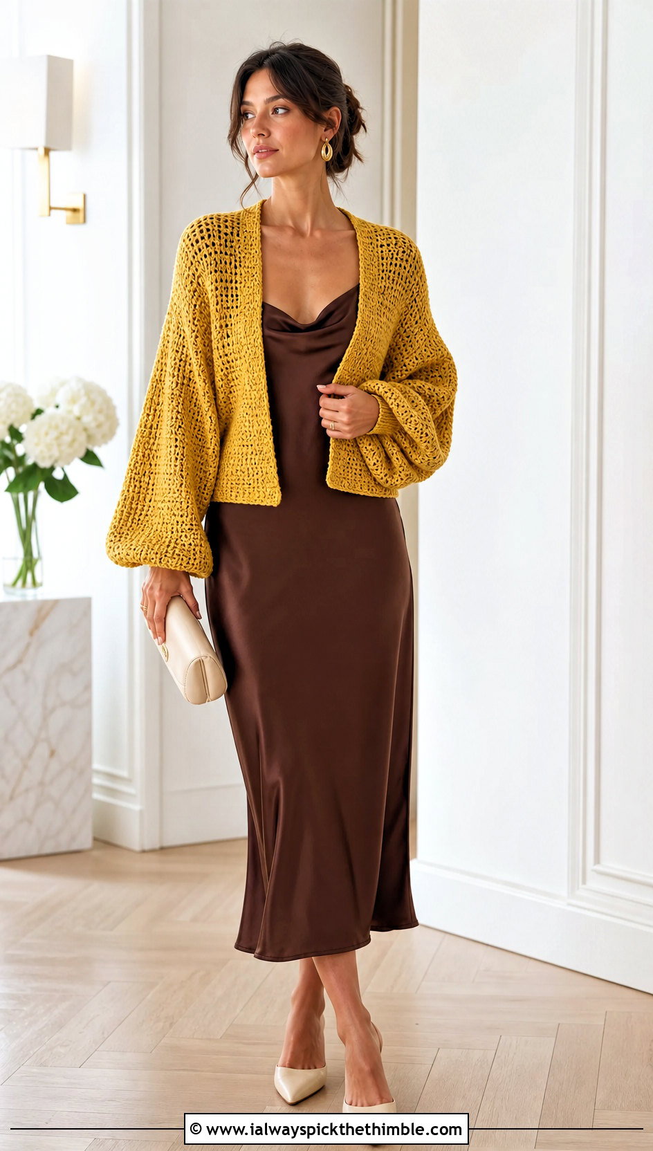 Balloon Sleeve Waffle Stitch Crochet Cardigan With Slip Dress - 20 crochet waffle stitch cardigan outfit ideas